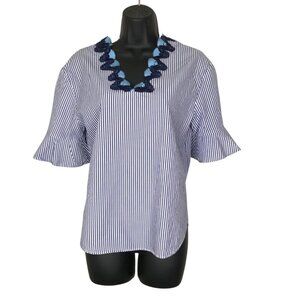 Sandro Paris Blue & White Striped Cotton Blouse With Lace Neck Line Size  M